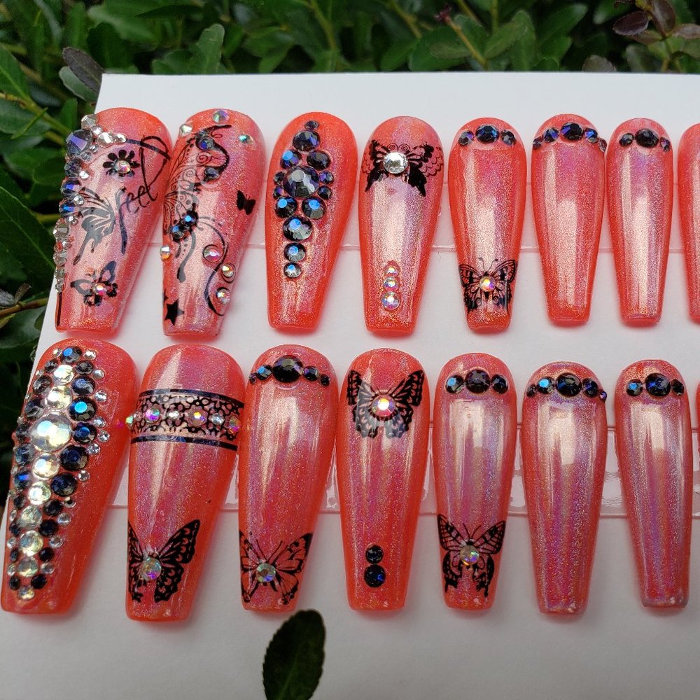 Long Coffin Gel Press on Nails " Black Butterfly "
